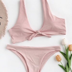 Bow tie scoop neck top low rise bikini bottoms